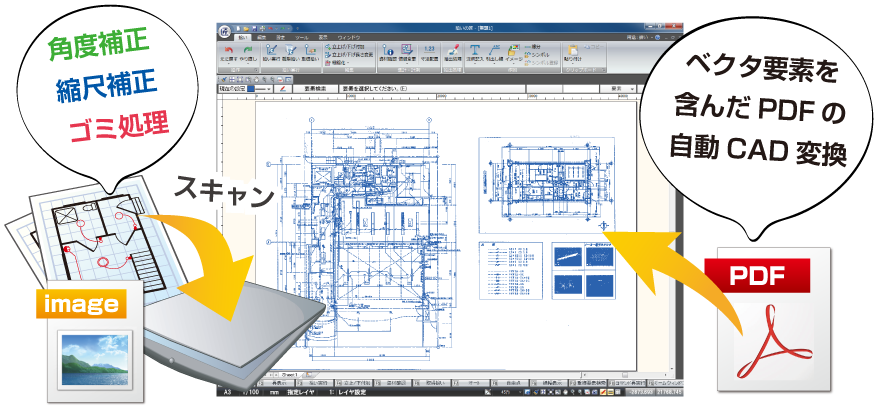 図面の寸法や縮尺補正、CADデータの縮尺補正、PDF図面の自動CAD変換